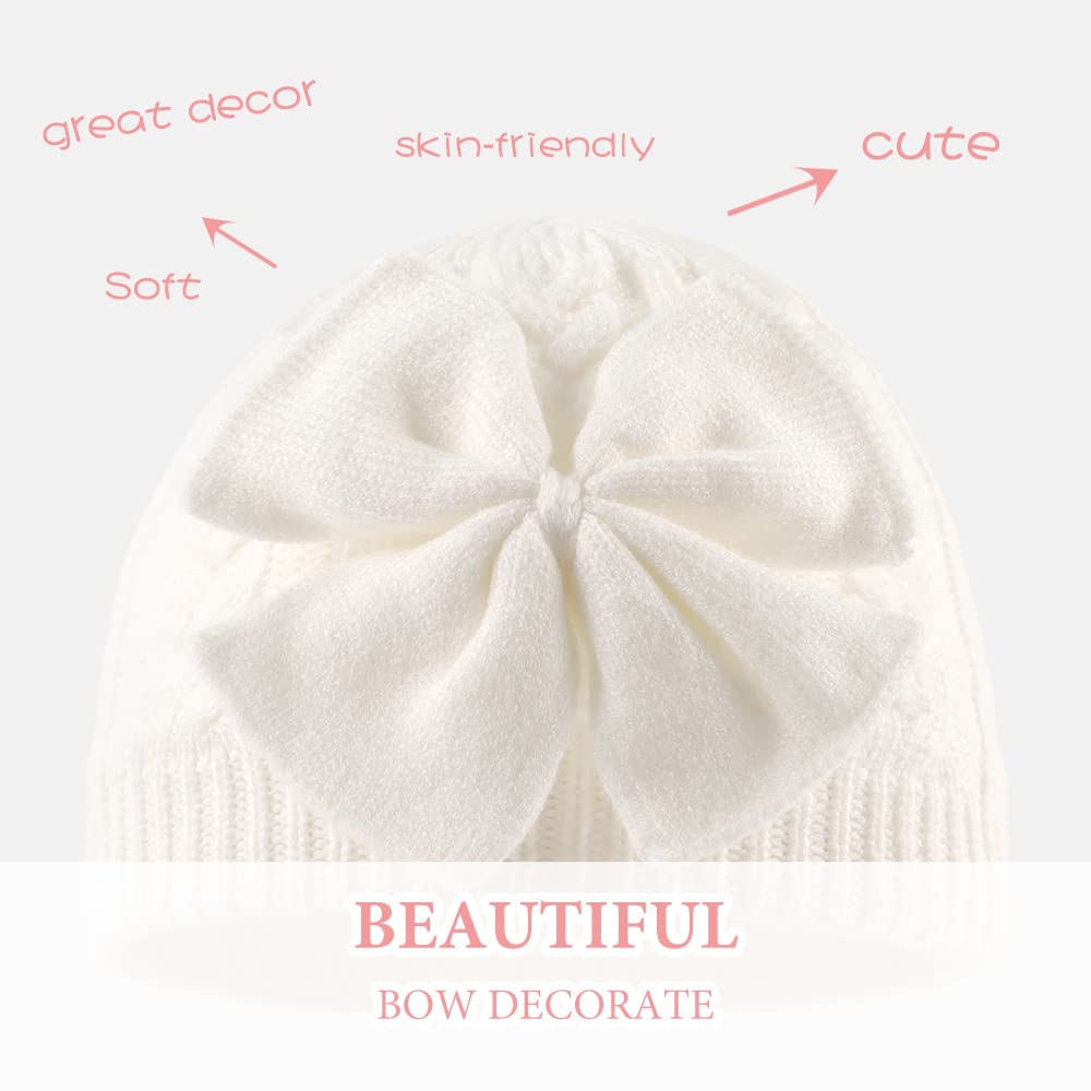 Jangannsa Winter Warm Knitted Baby Hat For Girls Cotton Lined Infant Toddler Hat Autumn Cute Bow Classic Girls Beanie 0-6Y(M,Whi