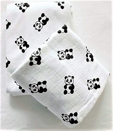 Little Penguins, 100% Organic Cotton  Muslin Swaddle and Blanket Combo for Kids (Color: White; Design: Panda)