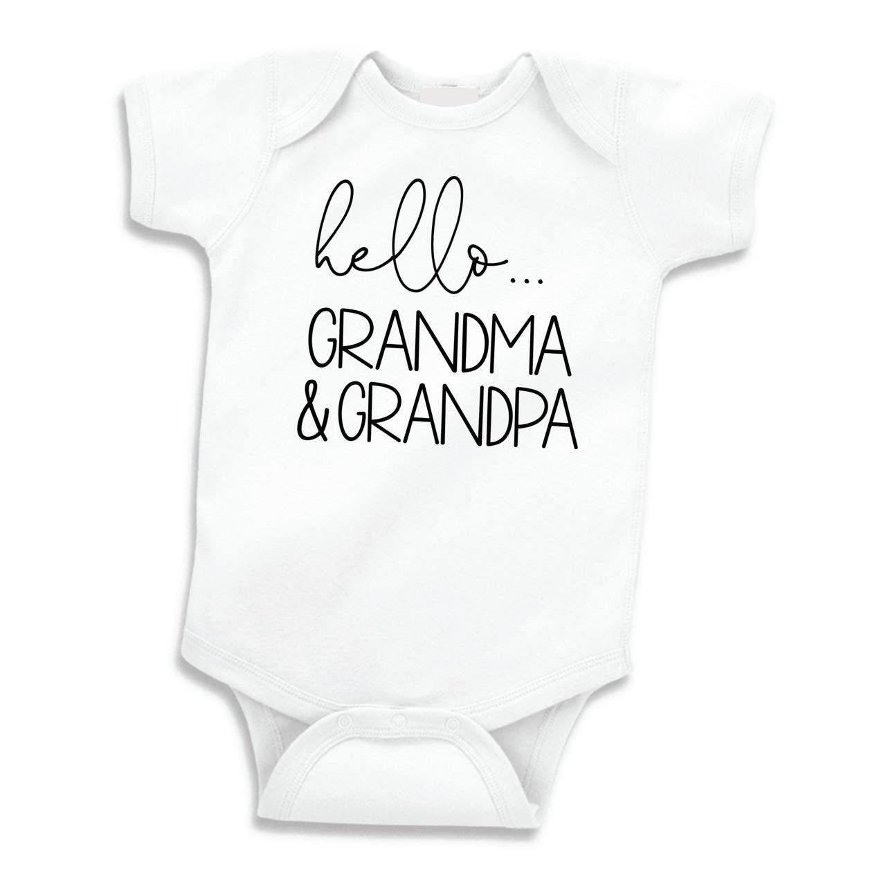 Bump And Beyond Designs Baby-Boys Hello Grandma And Grandpa Baby Announcement Leotard For Grandparents White, 0-3 Months