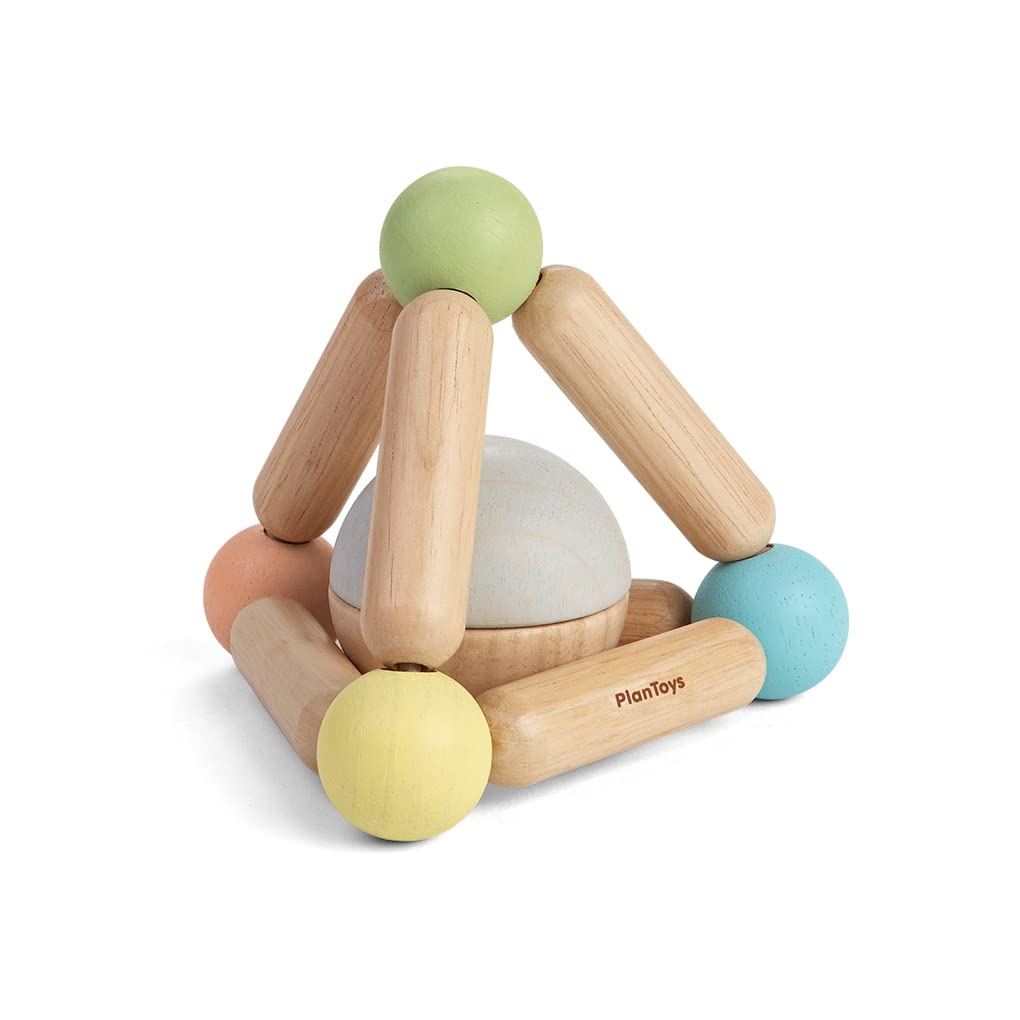 PlanToys Wooden Clutching Triangle Baby Toy with Gentle Sound in Two-Toned Ball (5256) | Pastel Color Collection |Sustainably Ma