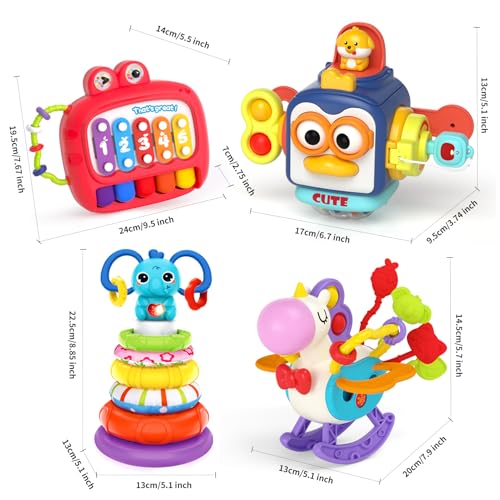 4 in 1 Baby Toy for 6 12 18 Month, Learning Toys for Babies 6-12 Months, Baby Busy Cube Toys, Stacking Toys, Unicorn Pull String