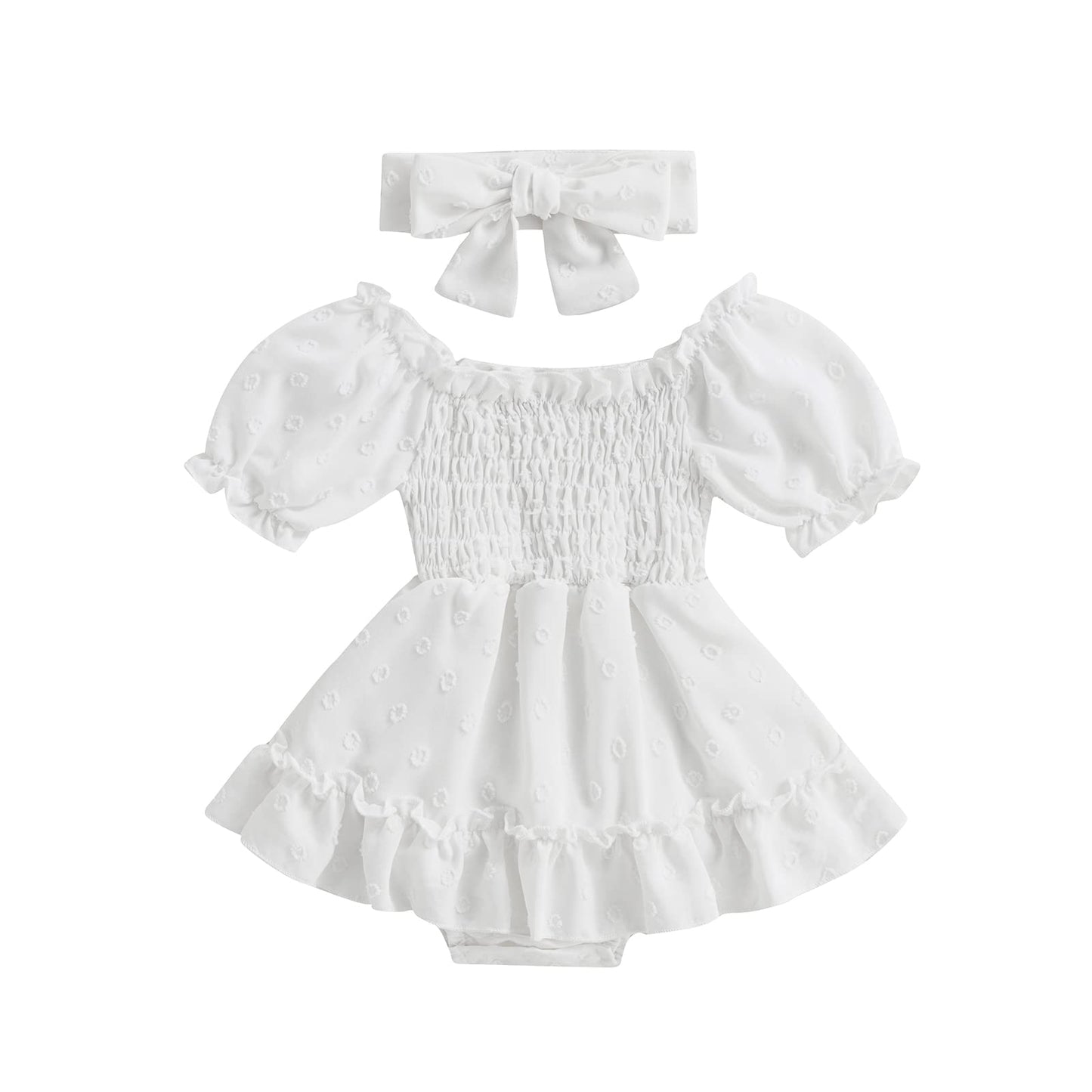 Infant Baby Girls Romper Dress 3 6 9 12 18 Months Onesie Summer Clothes Ruched Jumpsuits Hem Bodysuits Headband (White Dots, 12-