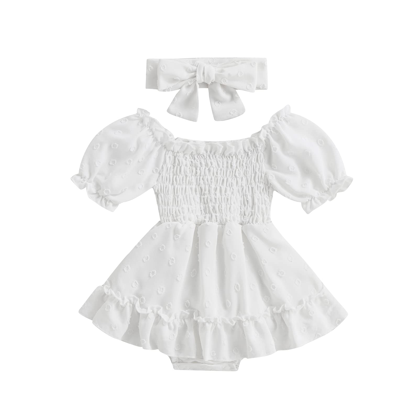 Infant Baby Girls Romper Dress 3 6 9 12 18 Months Onesie Summer Clothes Ruched Jumpsuits Hem Bodysuits Headband (White Dots, 12-