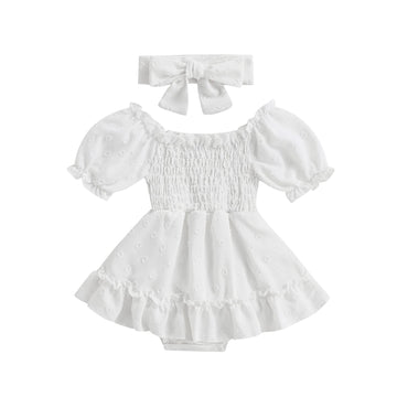 Infant Baby Girls Romper Dress 3 6 9 12 18 Months Onesie Summer Clothes Ruched Jumpsuits Hem Bodysuits Headband (White Dots, 12-