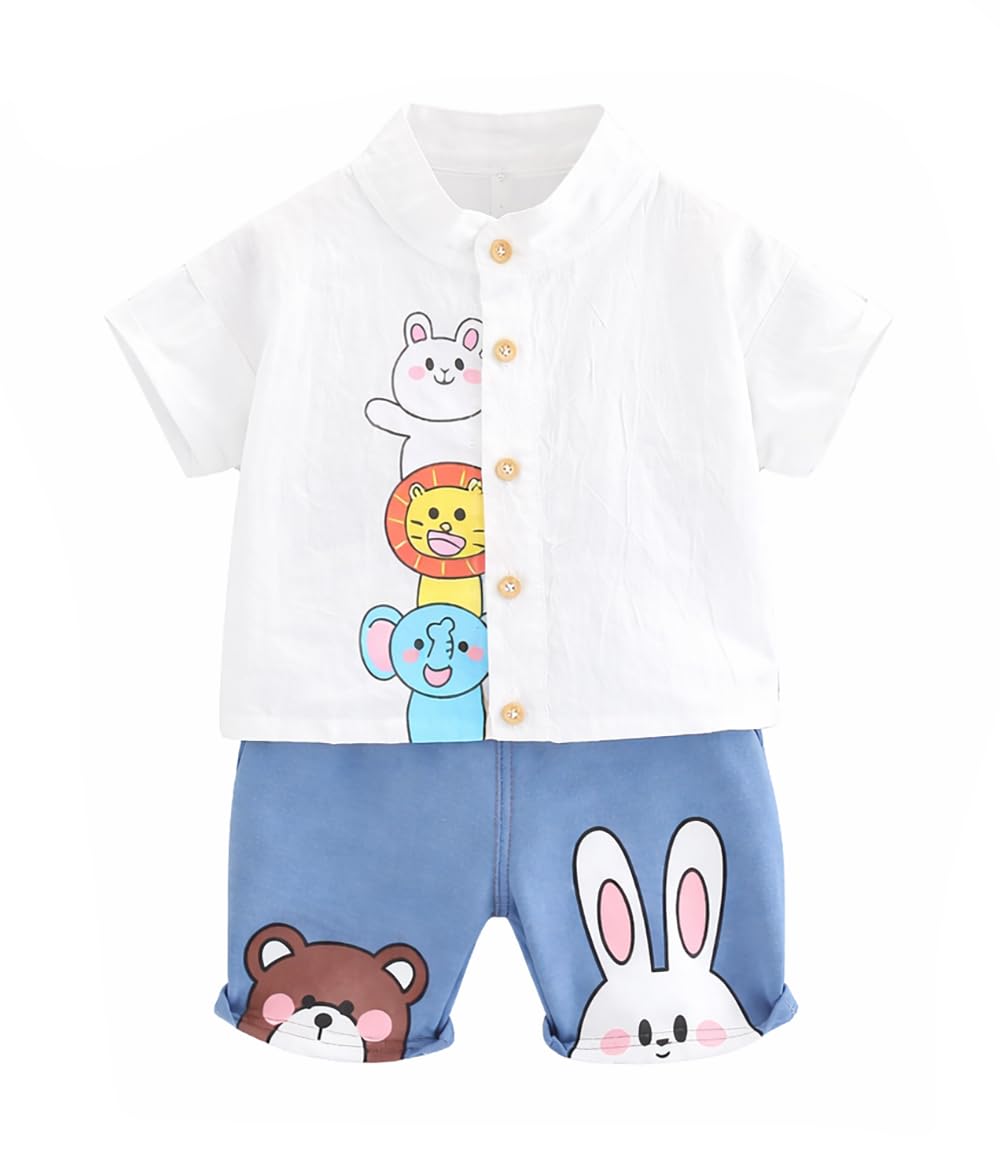 Bold N Elegant Boys Jungle Friends Half Sleeve Cotton Printed Shirt & Denim Shorts For Infant Toddler Tween Boys (34 Years, Whi