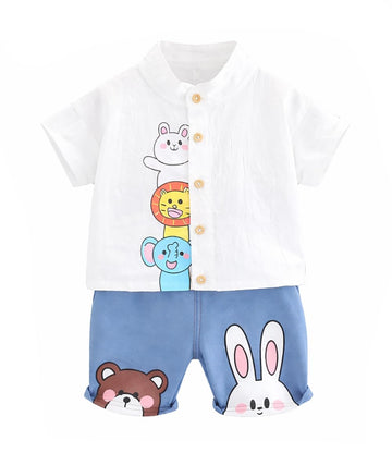 Bold N Elegant Boys Jungle Friends Half Sleeve Cotton Printed Shirt & Denim Shorts For Infant Toddler Tween Boys (34 Years, Whi