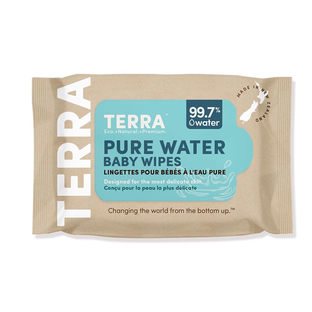 Terra Bamboo Water Baby Wipes Travel Pack: 99.7% Pure New Zealand Water, 100% Biodegradable Bamboo Fiber, 0% Plastic, Unscented 