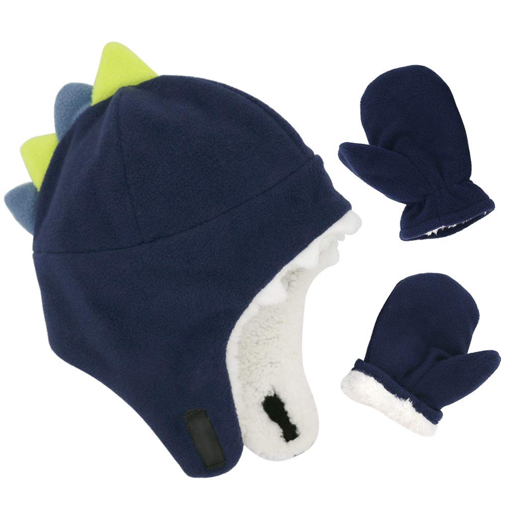 Baby Boy Sherpa Hats And Mittens Set Toddler Gloves Warm Fleece Winter Hat Baby Girl Dinosaur Navy 2-4T