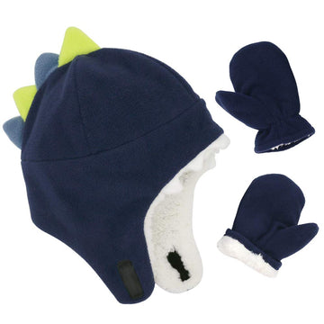Baby Boy Sherpa Hats And Mittens Set Toddler Gloves Warm Fleece Winter Hat Baby Girl Dinosaur Navy 2-4T