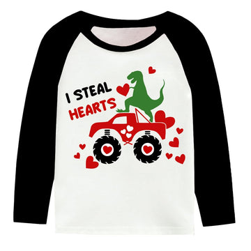 Valentine'S Day Shirt For Toddler Boy Girl Long Sleeve Dinosaur Truck I Steal Hearts Tops Kids Boys Heart Clothes 2T