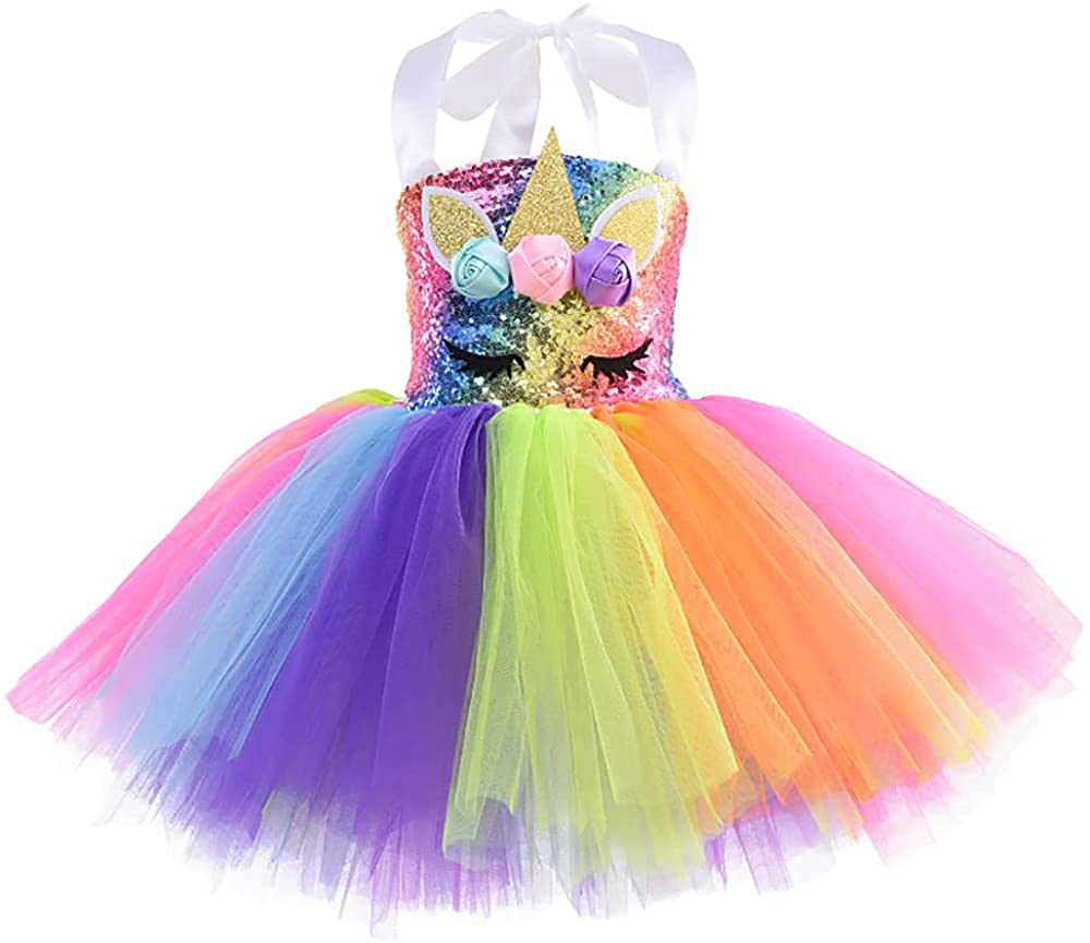 Viyorshop Girl Unicorn Costume Led Light Up Unicorn Tutu Dress For Halloween Party Costumes(Rainbow Sequins, 7-8 Years)