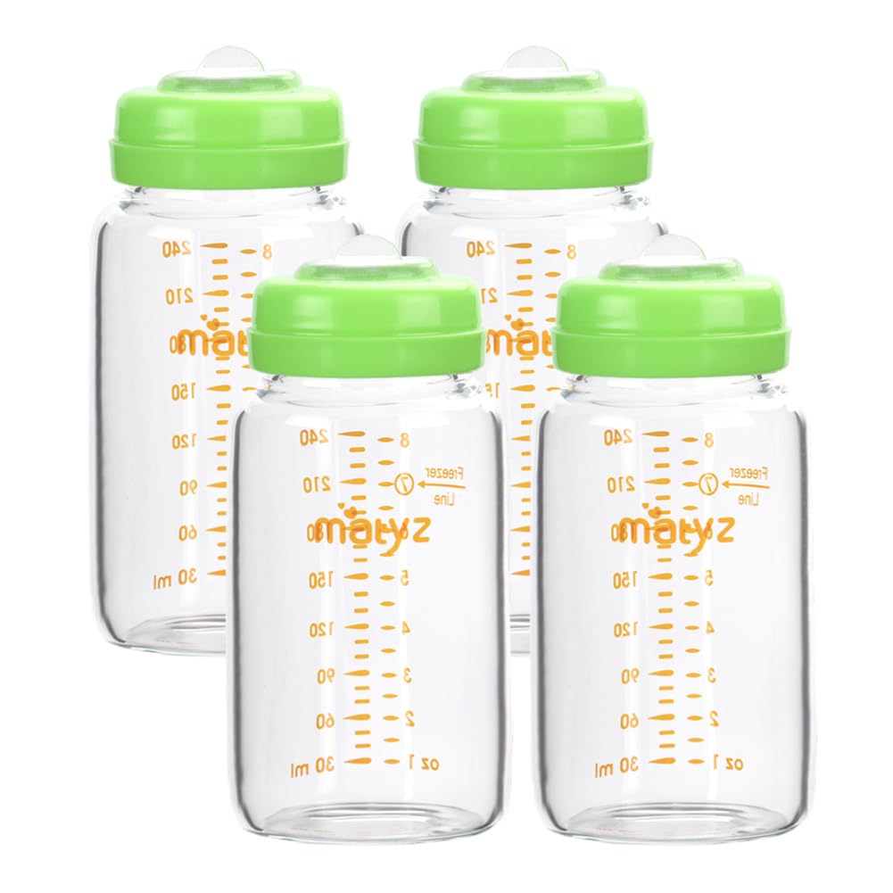 Matyz Glass Breastmilk Storage Containers, 4 Pack, 8 Oz Bottle, Compatible With Spectra Medela Philips Pump - Freezer Safe Bottl