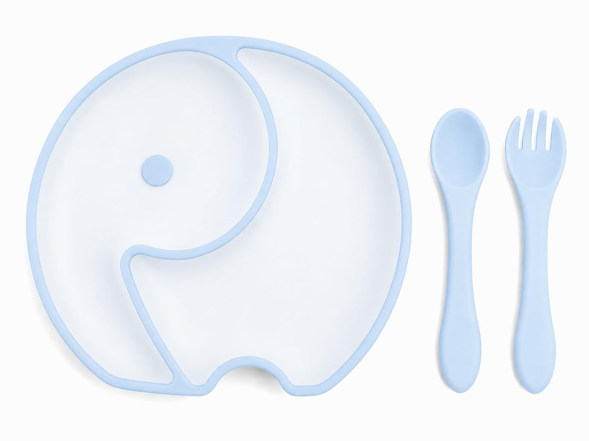 Elephant Shape Silicone Baby Feeding Plate Set with Spoon & Fork, Strong Suction Divided Plate for Toddlers, BPA Free Food Grade
