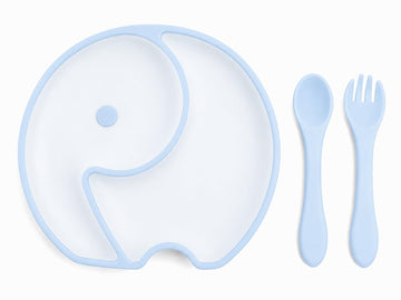 Elephant Shape Silicone Baby Feeding Plate Set with Spoon & Fork, Strong Suction Divided Plate for Toddlers, BPA Free Food Grade