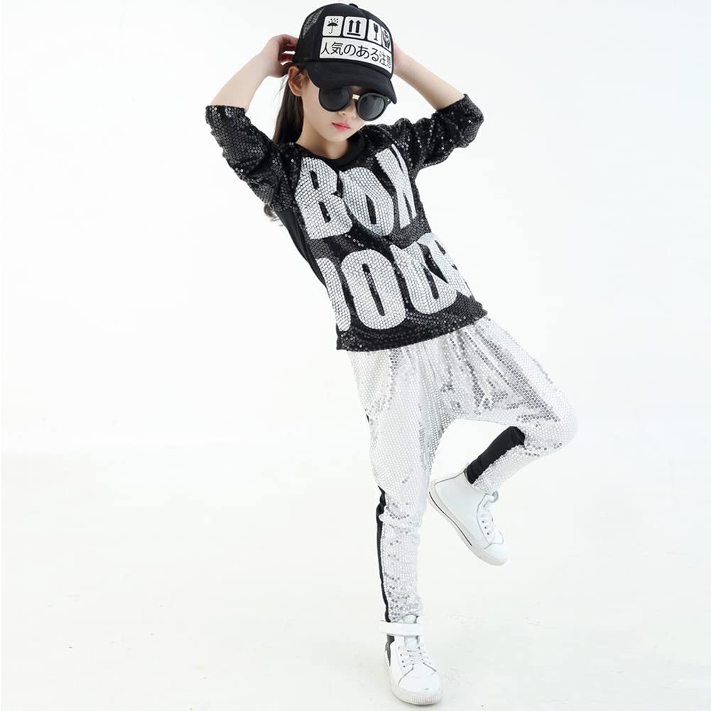 Lolanta Kids Dance Costume Boys Girls Sequins Hip Hop Clothes 80S 90S Outfits Shiny Dress Up Dancewear(Silver,8-10)