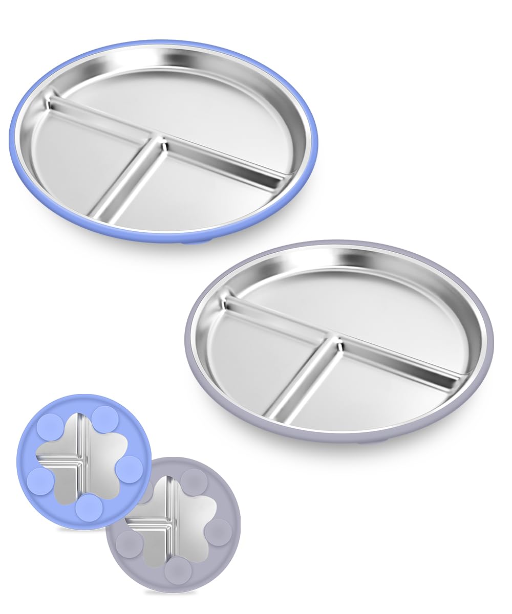 Stainless Steel Baby Plates With Suction,9    Divided Plate Silicone Sleeve For Kids ,Metal Toddler Plates BPA Free Stainless St