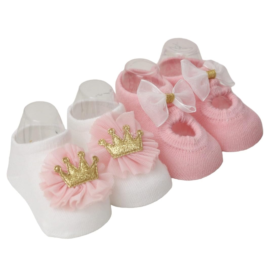 Yellow Bee Bow And Crown AntiSkid Socks For Girls Pack Of 2 Pink, White, 612M