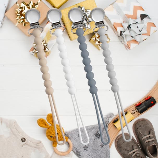 Pacifier Clip For Boys Girls - Moribox 4 Pack Paci Clip Soothie Baby Binky Holder For Shower Gift Birthday (Beige+White+Dgrey+Lg