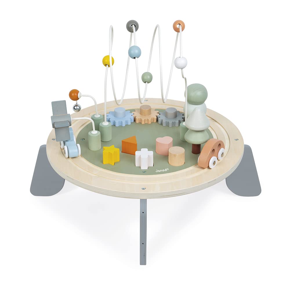 Janod J04402 Sweet Cocoon Wooden Activity Multi-Play Table Toddlers - Fine Motor Development - Non-Slip Feet - Water Painted and