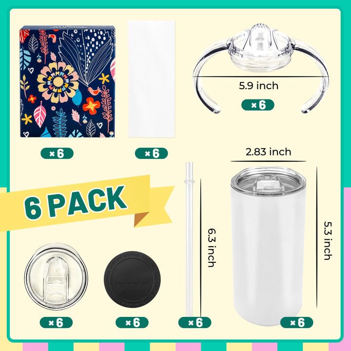 Joyclub 6 Pack Sublimation Sippy Cups Toddler Tumbler Blanks 12 Oz Kids Sublimation Tumbler With Handle Stainless Steel Insulate