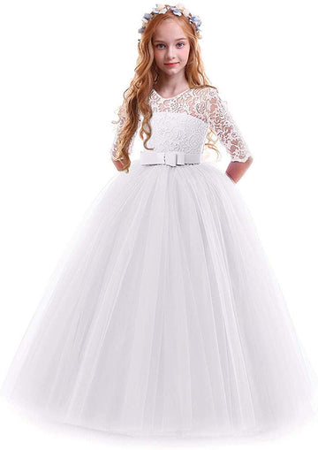 Flower Girls Dresses Vintage Lace Princess Long Dress Kids 3/4 Sleeve Wedding Pageant Tulle Bridesmaid Dress Christening Baptism