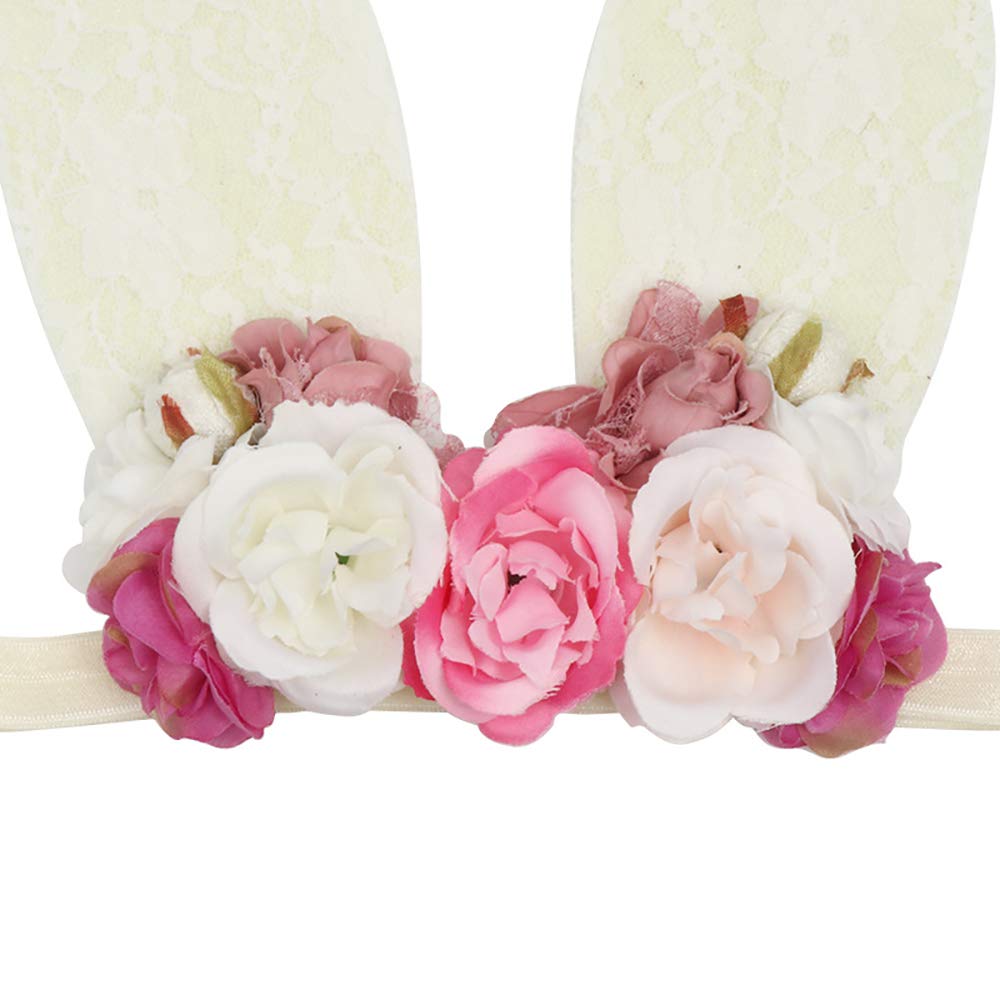 Girls Spring Baby Easter Bunny Ears Headband Birthday Flower Crown Woodland Floral Head Piece (Big Beige Rabbit Ears)