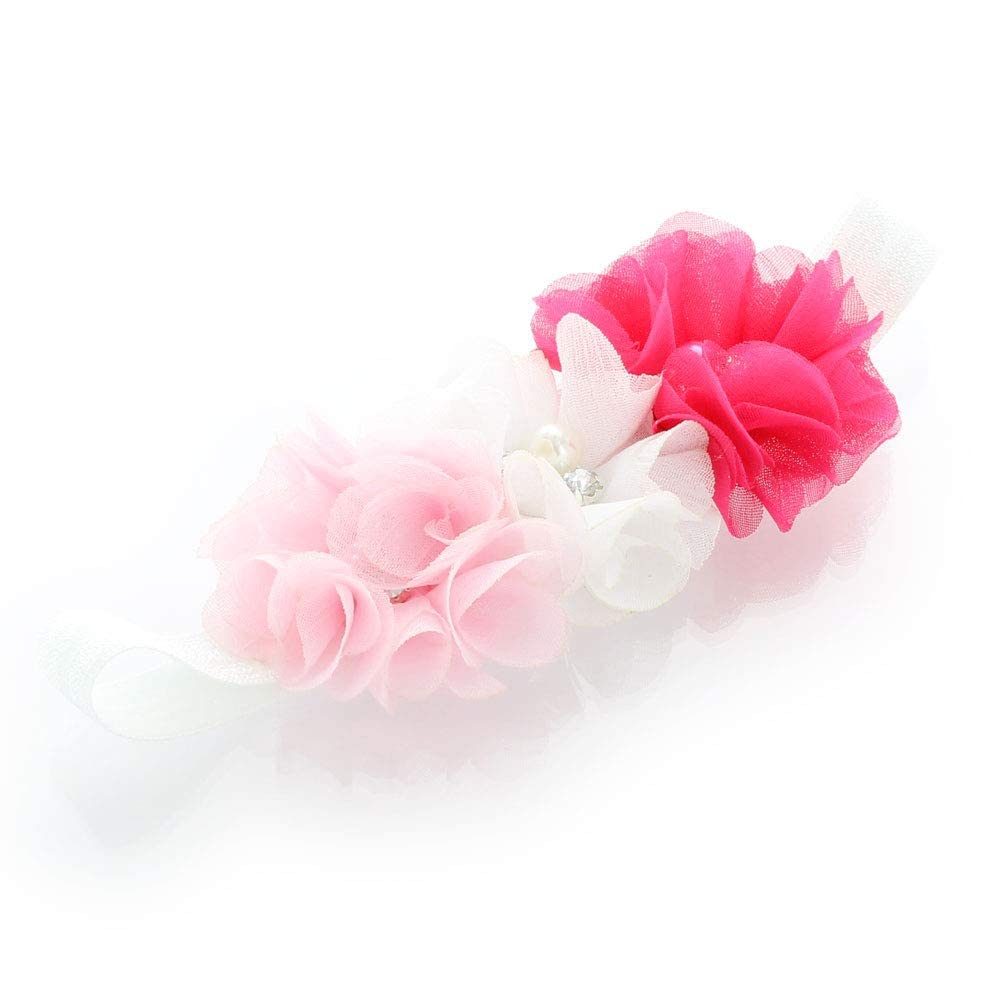 My Lello Baby Flower Headbands Fabric Beaded Trio Stretchy Elastic Pair (White/Light Pink/Hot Pink/Gray)
