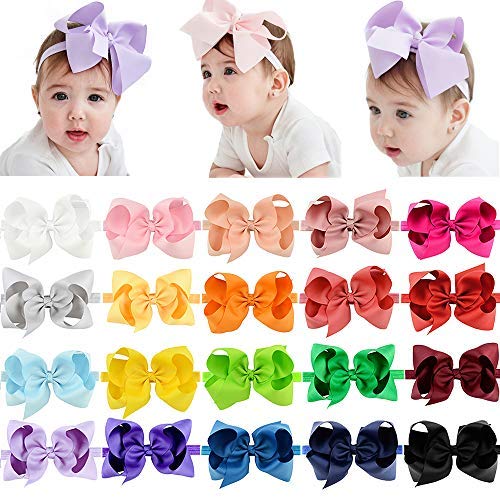 Jollybows 20Pcs Baby Girls Grosgrain Ribbon Hair Bows Headbands 6' Elastic Hair Band Hair Accessories For Infants Newborn (Mult