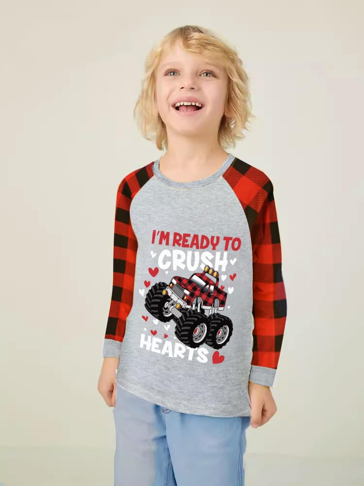 Toddler Boy Monster Truck Valentine'S Day Kids Raglan Long Sleeve Shirt Buffalo Red Plaid Tops 7T