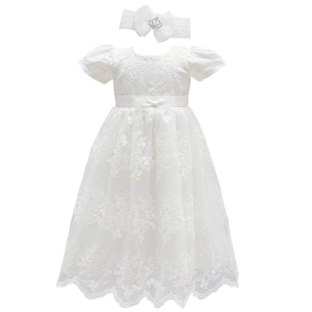 Glamulice Baby Girls Flower Christening Baptism Dress Formal Party Special Occasion Dresses For Toddler 3-6 Light Ivory White In