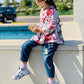 Sanmio Toddler Girl Clothes, Baby Girl Outfits Cute Floral Long Sleeve Ruffle Shirt And Jeans Pants Fall Winter Clothing Set