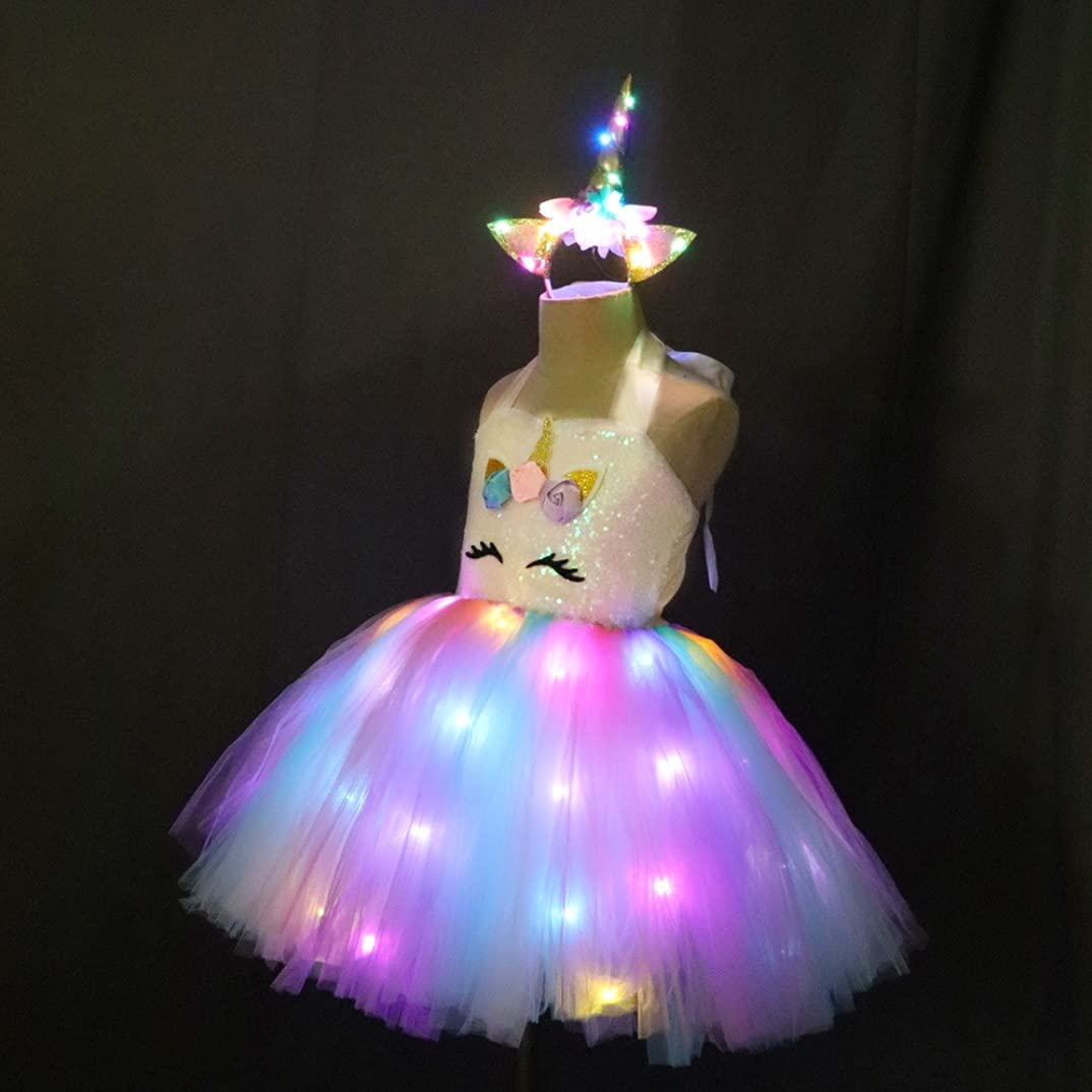 Shinyou Girls Unicorn Costume Dress Up Led Light Up Unicorn Tutu Birthday Outfit For Halloween Birthday Gift (Rainbow, 3-4Y)