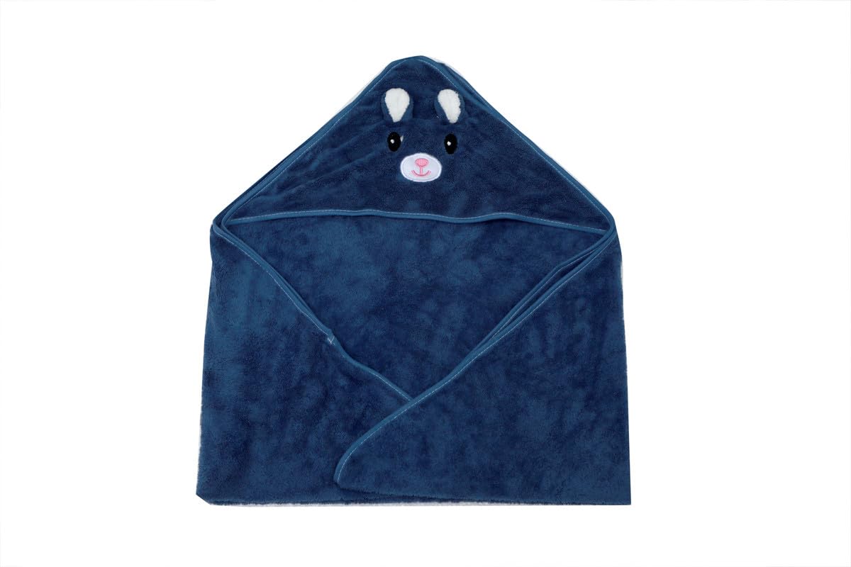 DTR Creation Baby Hooded Towel with Navy Blue Bunny Face Design | Soft Cotton Bath Towel Wrap for Newborns, Infants & Toddlers |