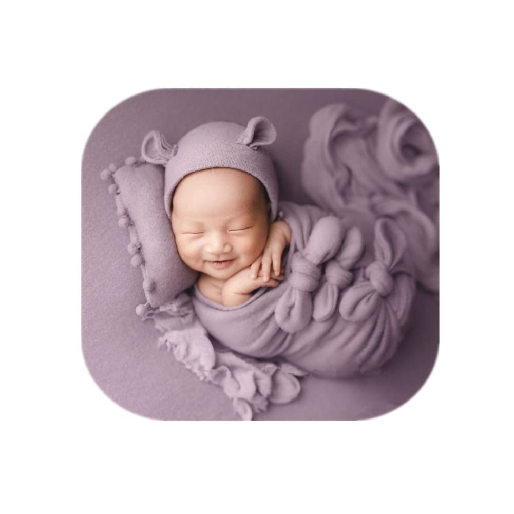 Vemonllas Newborn Baby Boy Girl Photography Props Bow Wrap, Posing Aid, Hat And Blanket Set Of 4 Pcs (Dark Purple)