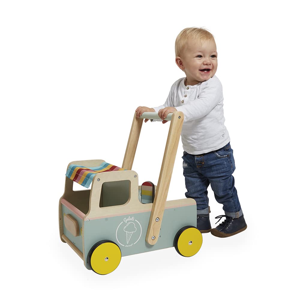 Janod - Janod - Wooden Pull-Along Ice Cream Cart/Trolley - 4 Ice Creams Included - Silent Wheels - Anti-Tip System - FSC-Certifi