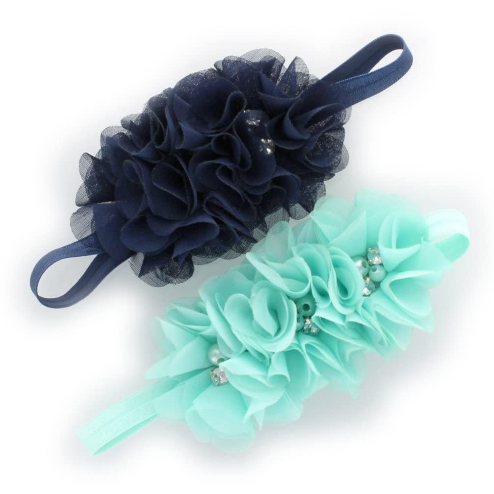 My Lello Girls Flower Headbands Toddler Fabric Beaded Trio Stretchy Elastic Pair (Navy/Aqua)