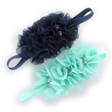 My Lello Girls Flower Headbands Toddler Fabric Beaded Trio Stretchy Elastic Pair (Navy/Aqua)