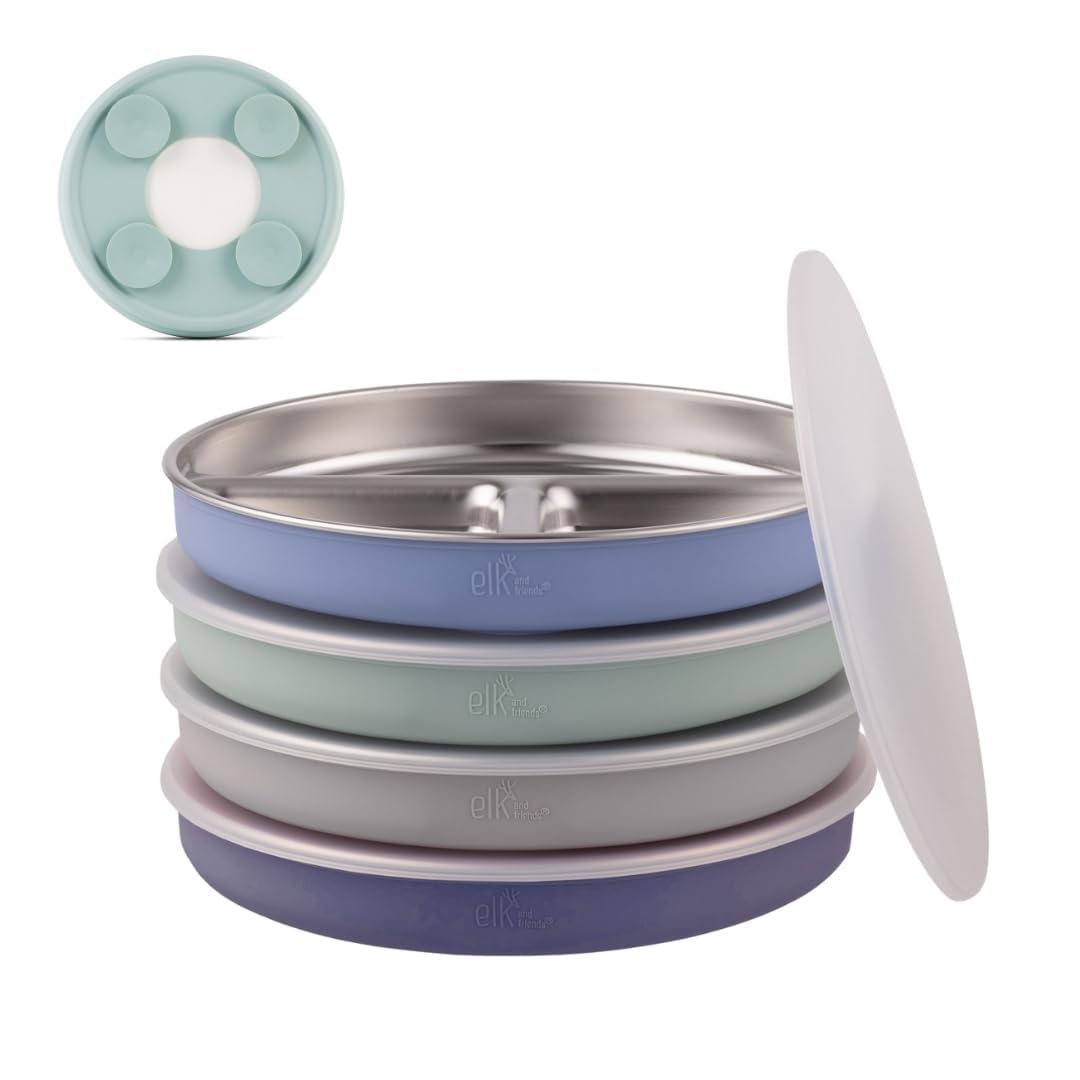 Elk and Friends Stainless Steel Divided Plates with Silicone Sleeve for Babies & Toddlers | Lids Included | Stay Put Suction | D