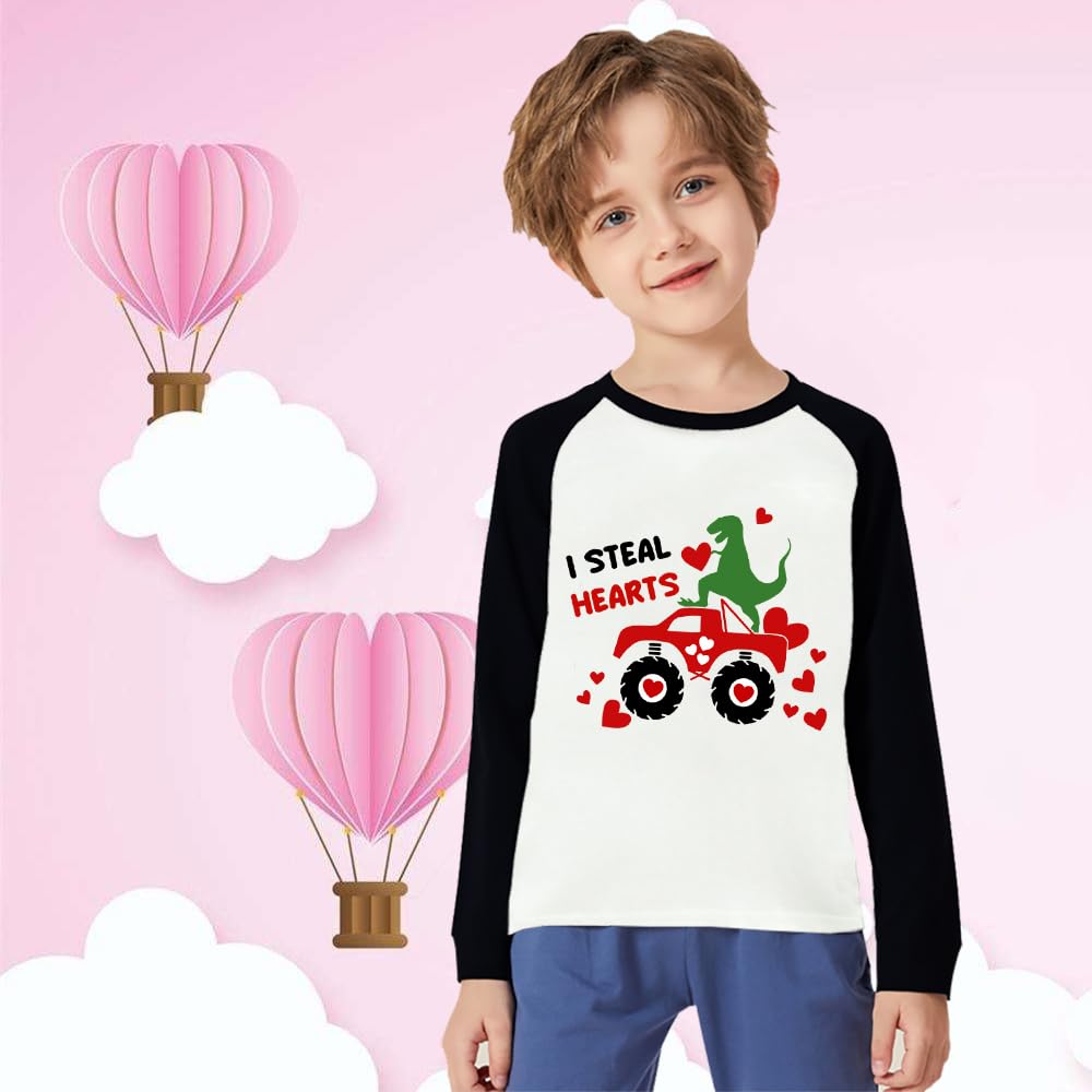 Valentine'S Day Shirt For Toddler Boy Girl Long Sleeve Dinosaur Truck I Steal Hearts Tops Kids Boys Heart Clothes 2T