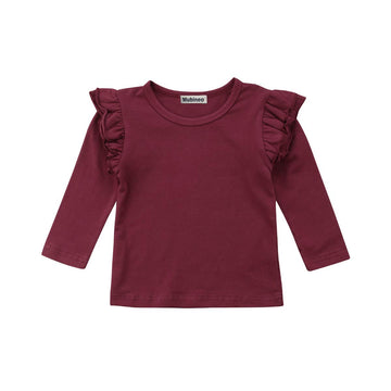 Mubineo Toddler Baby Girl Basic Plain Ruffle Sleeve Cotton T Shirts Tops Tee Clothes (Wine Red(Long Sleeve), 2-3T)