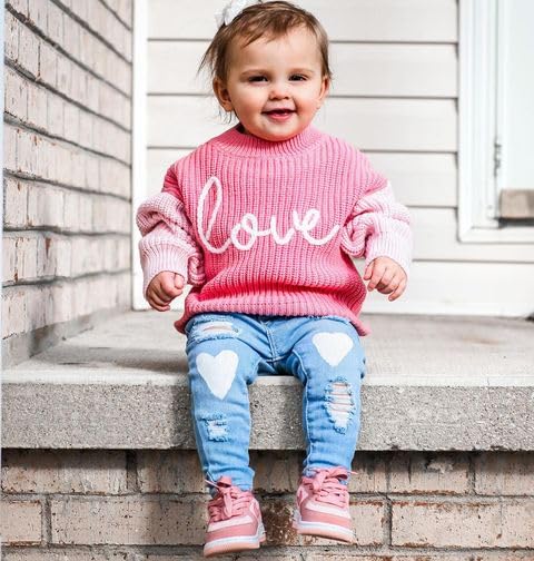 Baby Girl Valentines Day Outfit Love Heart Sweet Long Sleeve Sweater Tshirt Crewneck Tops Fall Winter Clothes (D-Pink, 12-18 Mon