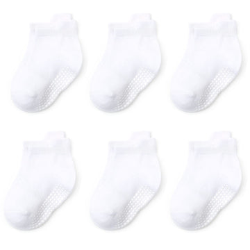 Qiyiendian 6 Pairs Non Slip Cozy Warm Ankle/Low Cut Socks With Grips For Baby Infant Toddler Kids Boys Girls(5-D White,6-12 Mont