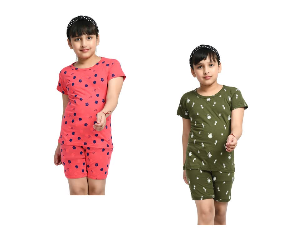 IndiWeaves Girls Cotton Printed Night Suits Tshirts and Shorts Set Summer (Pack of 2) Caret::Dark Green