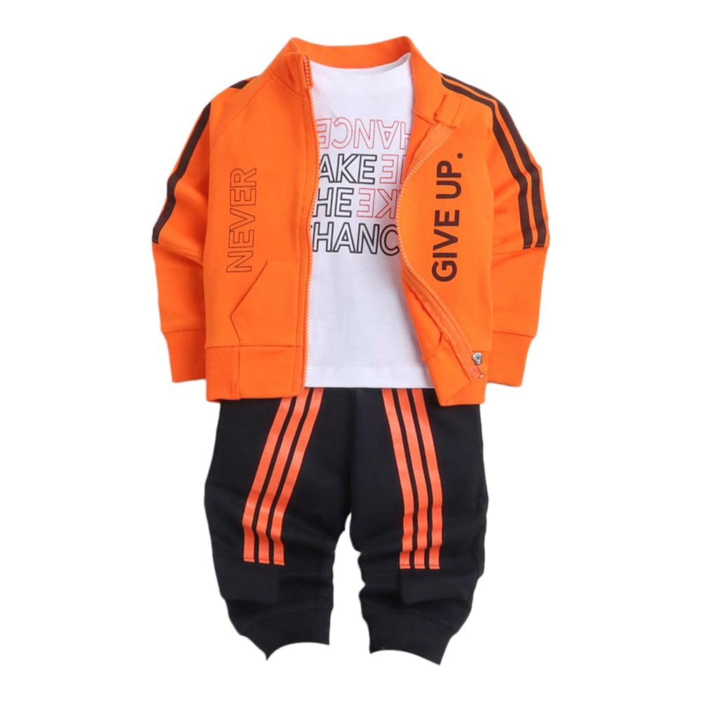 Hopscotch Baby Boys Cotton Text Printed TShirt, Jacket And Jogger Set In Orange Color For Ages 1218 Months (Yf03316192)