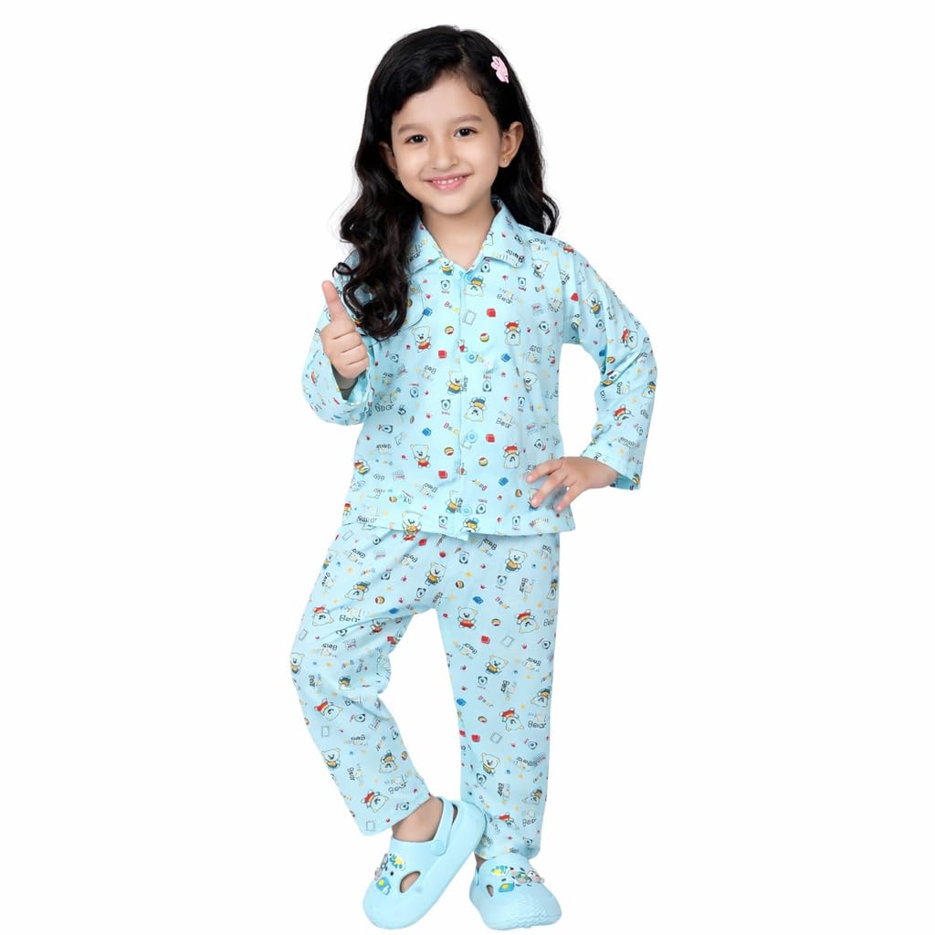 BORNLOV Girls Night Suit Set, Blue, Long Sleeve Pajama with Bear Print, Kids Sleepwear  (2 Years3 Years)