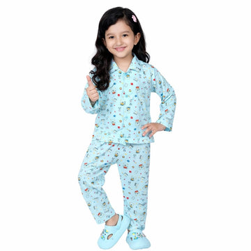 BORNLOV Girls Night Suit Set, Blue, Long Sleeve Pajama with Bear Print, Kids Sleepwear  (2 Years3 Years)