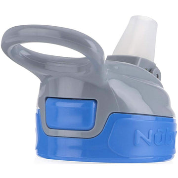 Nuby Thirsty Kids Push Button Flip-It Soft Spout On The Go Water Bottle With Easy Grip Band, Blue Sharks, 12 Oz