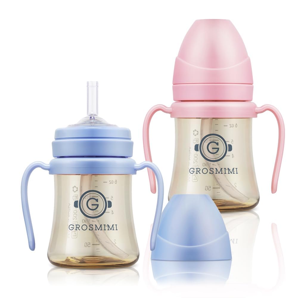 GROSMIMI Spill Proof Magic Sippy Cup with Straw with Handle for Baby and Toddlers, PPSU, BPA Free 6 oz. 2pack (Pink & Sky Blue)