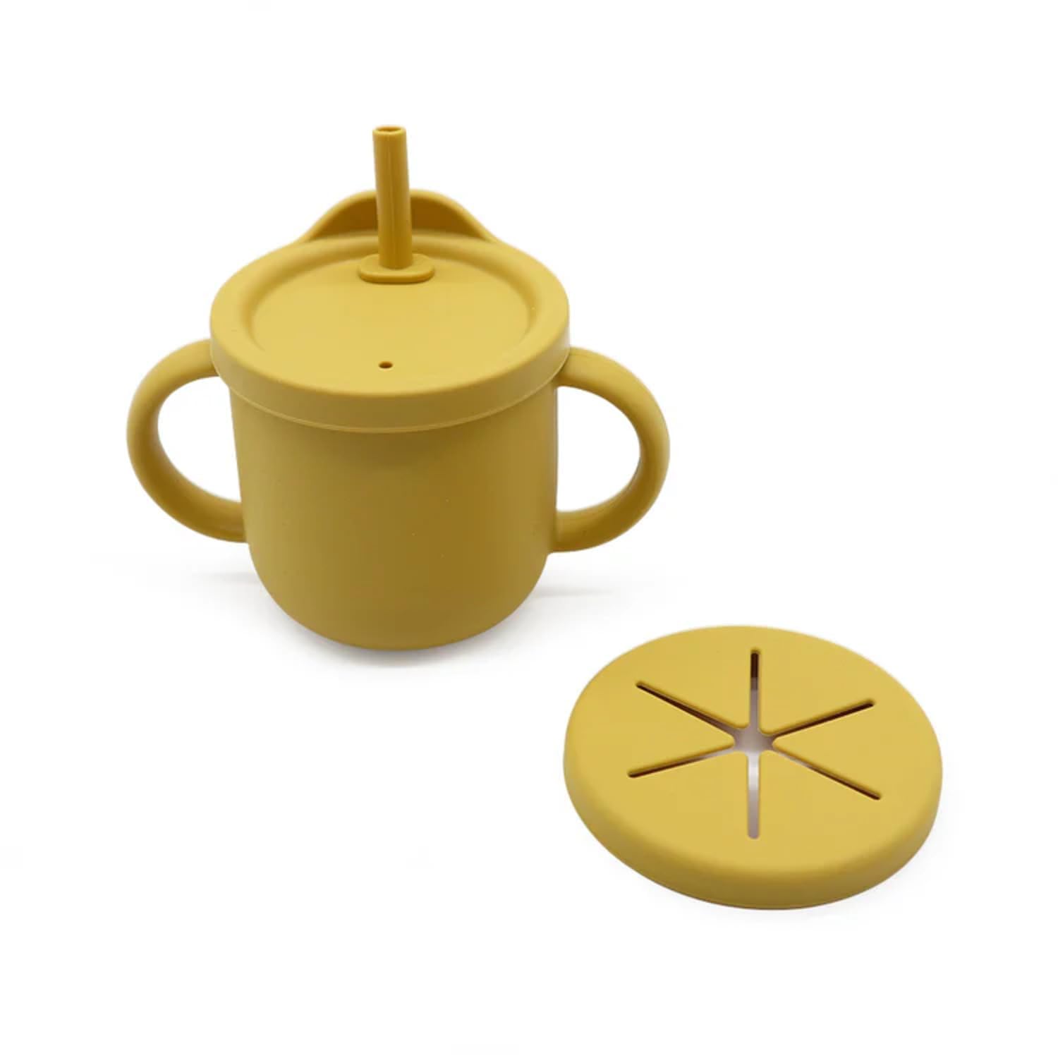 Moonkie Silicone Baby Cups With Straw And Lid For Snacks, 8.5 Oz SpillProof Sippy Cups, Training Cup For Toddlers Ages (Yellow 