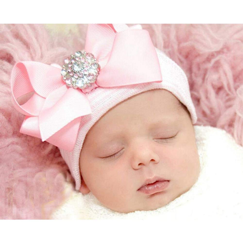Aijian Newborn Hospital Hat Infant Baby Hat Cap With Big Bow Soft Cute Knot Nursery Beanie (3 Pack Bow Knit Rhinestone Ribbon/ 0